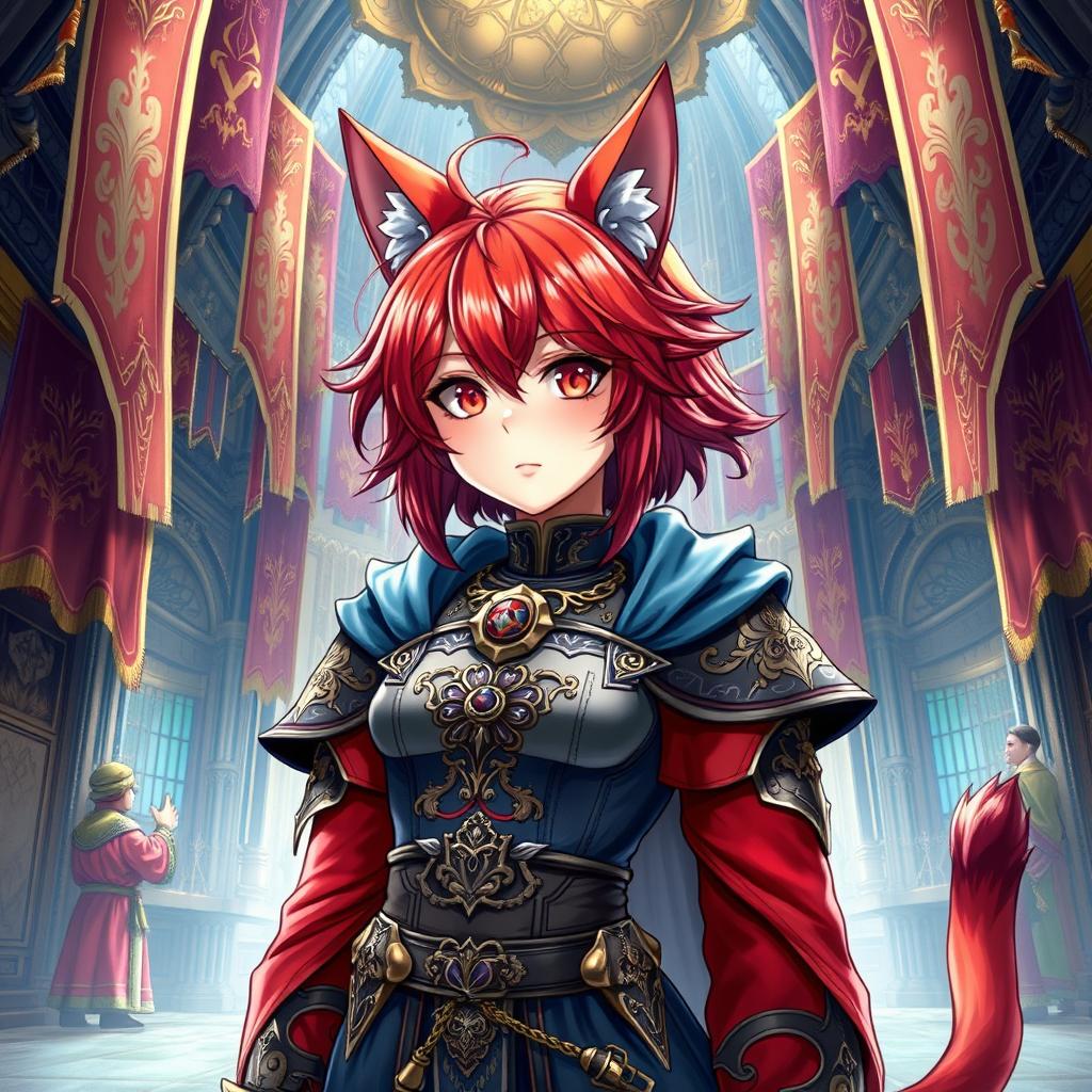 A detailed and vibrant illustration of a Miqo'te character from Final Fantasy XIV as a guild leader with red hair