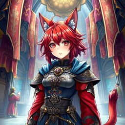 A detailed and vibrant illustration of a Miqo'te character from Final Fantasy XIV as a guild leader with red hair