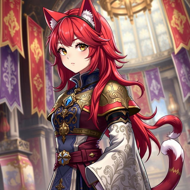 A detailed and vibrant illustration of a Miqo'te character from Final Fantasy XIV as a guild leader with red hair and only one arm