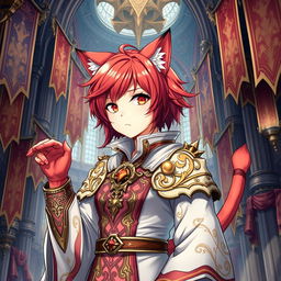 A detailed and vibrant illustration of a Miqo'te character from Final Fantasy XIV as a guild leader with red hair and only one arm