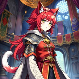 A detailed and vibrant illustration of a Miqo'te character from Final Fantasy XIV as a guild leader with red hair and only one arm