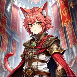 A detailed and vibrant illustration of a Miqo'te character from Final Fantasy XIV as a guild leader with light red hair and only one arm