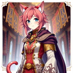 A detailed and vibrant illustration of a Miqo'te character from Final Fantasy XIV as a guild leader with light red hair and only one arm