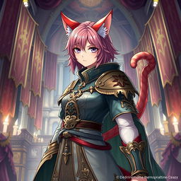 A detailed and vibrant illustration of a Miqo'te character from Final Fantasy XIV as a guild leader with light red hair and only one arm