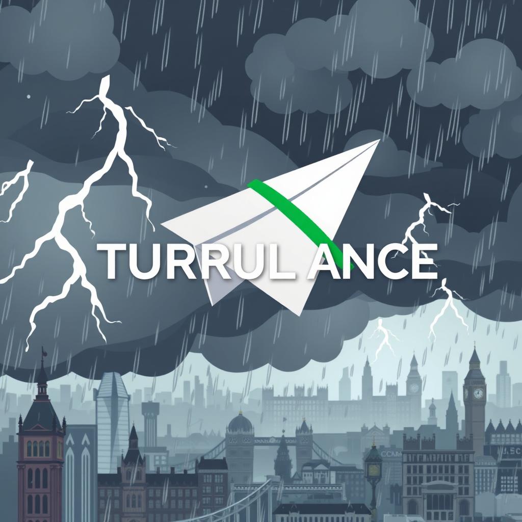 A cartoon-style paper plane caught in turbulence in the middle of a storm over the city of London