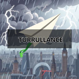 A cartoon-style paper plane caught in turbulence in the middle of a storm over the city of London