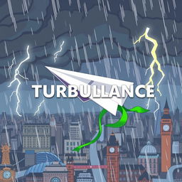 A cartoon-style paper plane caught in turbulence in the middle of a storm over the city of London