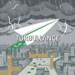 A cartoon-style paper plane caught in turbulence in the middle of a storm over the city of London