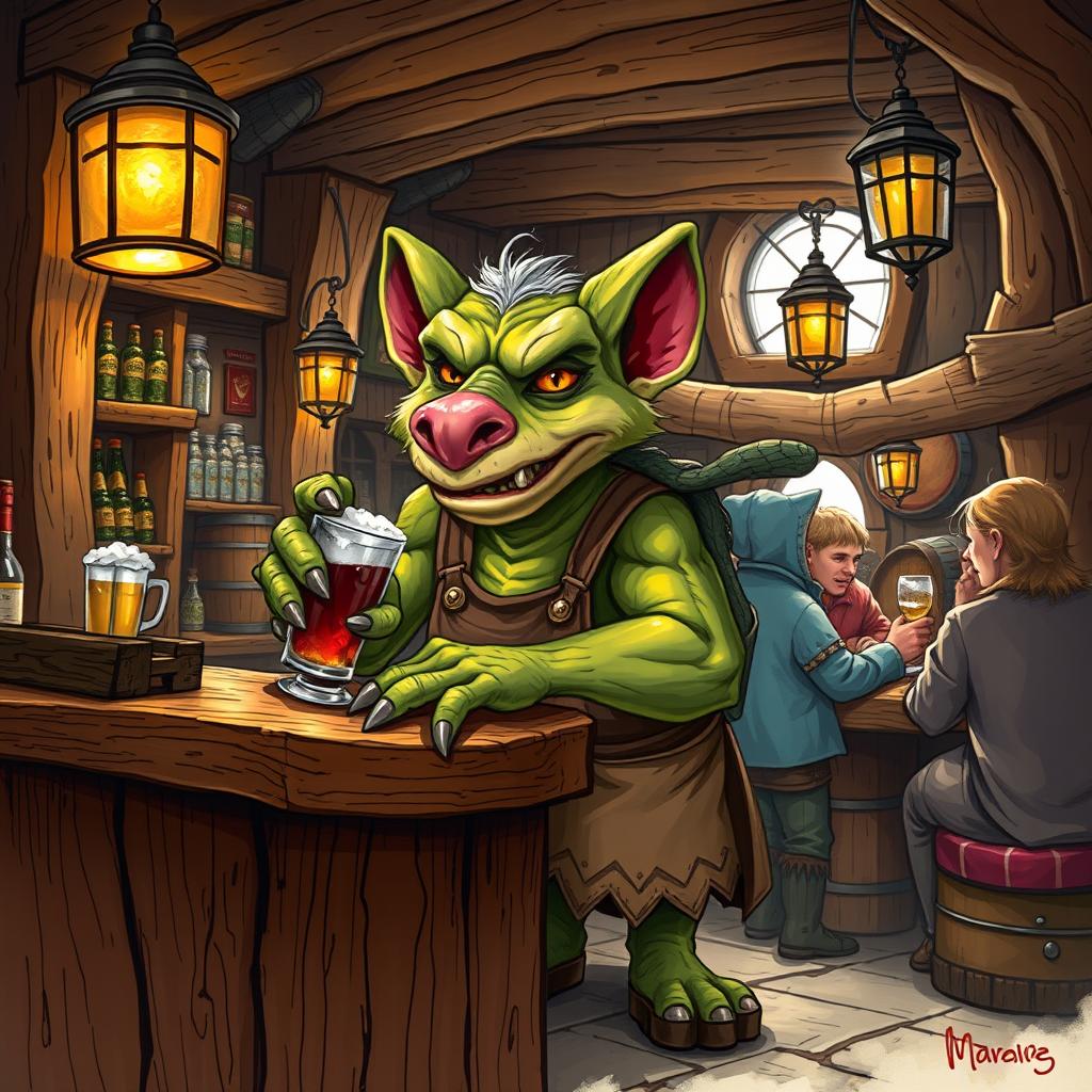 A detailed and vibrant illustration of a Kobold as a tavern keeper