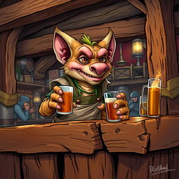 A detailed and vibrant illustration of a Kobold as a tavern keeper