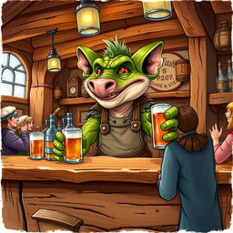 A detailed and vibrant illustration of a Kobold as a tavern keeper