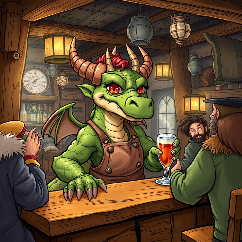 A detailed and vibrant illustration of a dragon-like Kobold as a tavern keeper