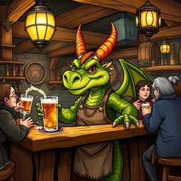 A detailed and vibrant illustration of a dragon-like Kobold as a tavern keeper