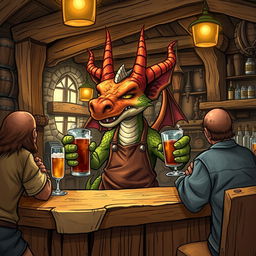 A detailed and vibrant illustration of a dragon-like Kobold as a tavern keeper