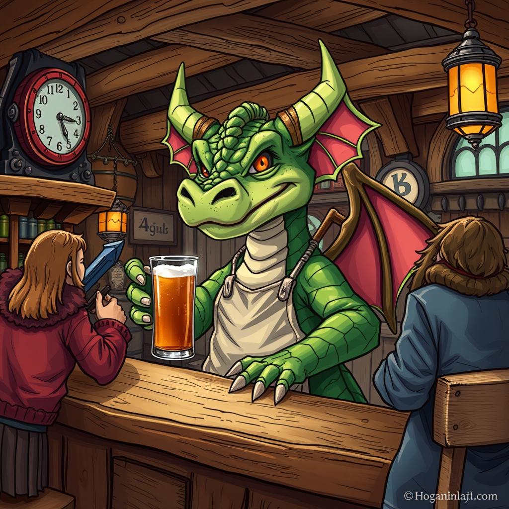 A detailed and vibrant illustration of a dragon-like Kobold as a tavern keeper in a Dungeons & Dragons themed setting