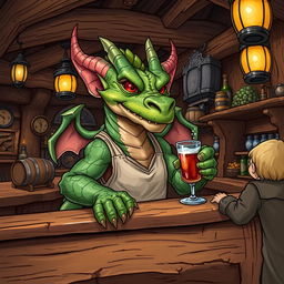 A detailed and vibrant illustration of a dragon-like Kobold as a tavern keeper in a Dungeons & Dragons themed setting