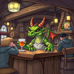 A detailed and vibrant illustration of a dragon-like Kobold as a tavern keeper in a Dungeons & Dragons themed setting