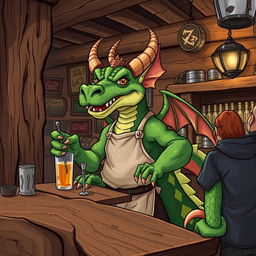 A detailed and vibrant illustration of a dragon-like Kobold as a tavern keeper in a Dungeons & Dragons themed setting