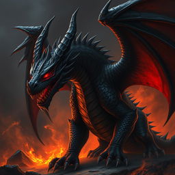 A terrifying demonic black dragon monstrosity with fiendish features, glowing red eyes, and dark, menacing scales