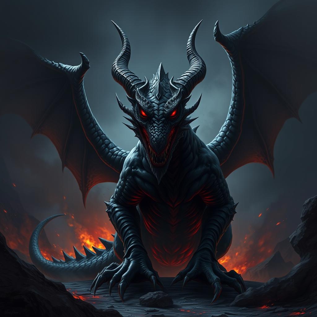 A terrifying demonic black dragon monstrosity with fiendish features, glowing red eyes, and dark, menacing scales