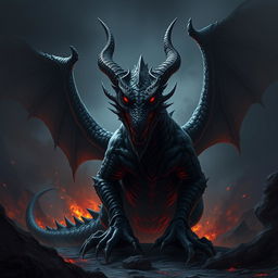 A terrifying demonic black dragon monstrosity with fiendish features, glowing red eyes, and dark, menacing scales