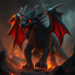 A terrifying demonic black dragon monstrosity with fiendish features, glowing red eyes, and dark, menacing scales