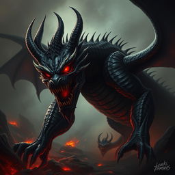 A terrifying demonic black dragon monstrosity with fiendish features, glowing red eyes, and dark, menacing scales