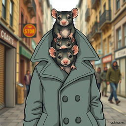 A whimsical and humorous illustration of three rats stacked on top of each other inside a trench coat, trying to appear as a human