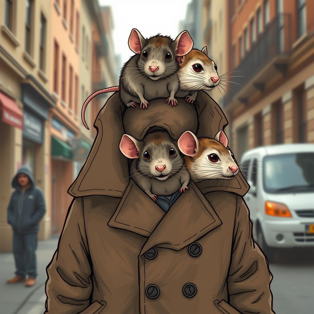 A whimsical and humorous illustration of three rats stacked on top of each other inside a trench coat, trying to appear as a human