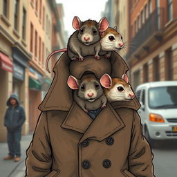 A whimsical and humorous illustration of three rats stacked on top of each other inside a trench coat, trying to appear as a human