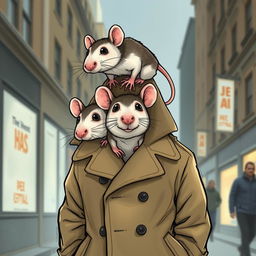 A whimsical and humorous illustration of three rats stacked on top of each other inside a trench coat, trying to appear as a human