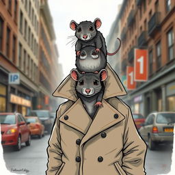 A whimsical and humorous illustration of three rats stacked on top of each other inside a trench coat, trying to appear as a human