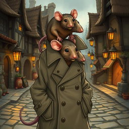 A whimsical and humorous illustration of three rats stacked on top of each other inside a trench coat, trying to appear as a human in a fantasy-themed setting