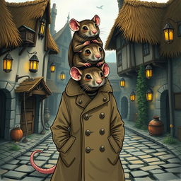 A whimsical and humorous illustration of three rats stacked on top of each other inside a trench coat, trying to appear as a human in a fantasy-themed setting