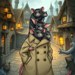 A whimsical and humorous illustration of three rats stacked on top of each other inside a trench coat, trying to appear as a human in a fantasy-themed setting