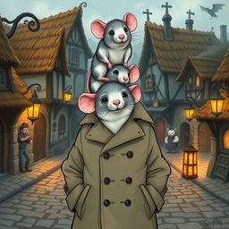 A whimsical and humorous illustration of three rats stacked on top of each other inside a trench coat, trying to appear as a human in a fantasy-themed setting