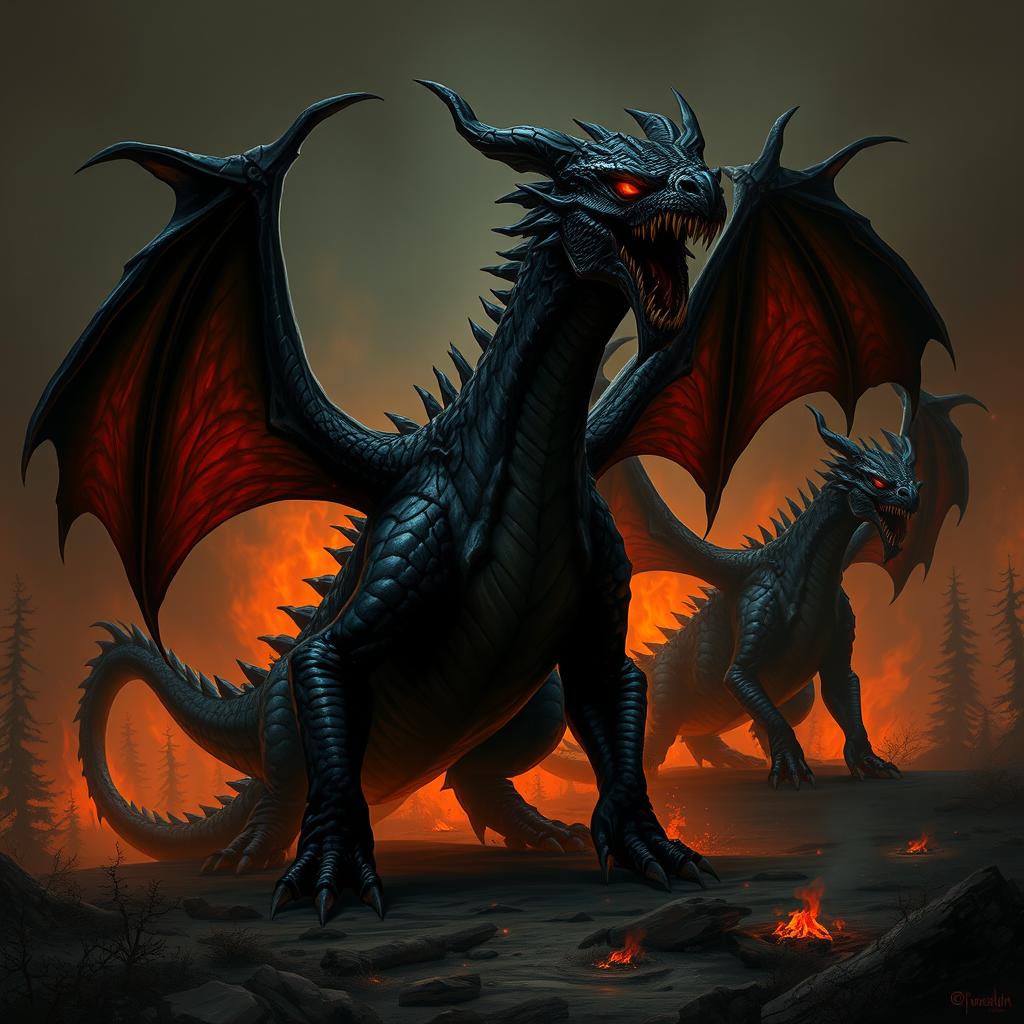 A terrifying demonic black dragon monstrosity on all four legs with fiendish features, glowing red eyes, and dark, menacing scales