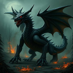 A terrifying demonic black dragon monstrosity on all four legs with fiendish features, glowing red eyes, and dark, menacing scales