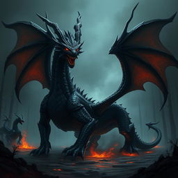 A terrifying demonic black dragon monstrosity on all four legs with fiendish features, glowing red eyes, and dark, menacing scales