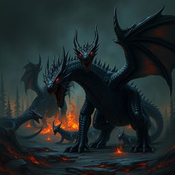 A terrifying demonic black dragon monstrosity on all four legs with fiendish features, glowing red eyes, and dark, menacing scales