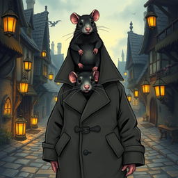 A whimsical and humorous illustration of two giant rats stacked on top of each other inside a trench coat, trying to appear as a human in a fantasy-themed setting