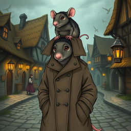 A whimsical and humorous illustration of two giant rats stacked on top of each other inside a trench coat, trying to appear as a human in a fantasy-themed setting