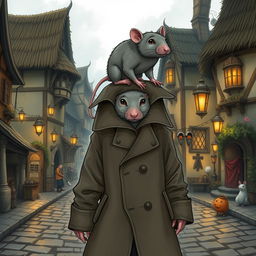 A whimsical and humorous illustration of two giant rats stacked on top of each other inside a trench coat, trying to appear as a human in a fantasy-themed setting