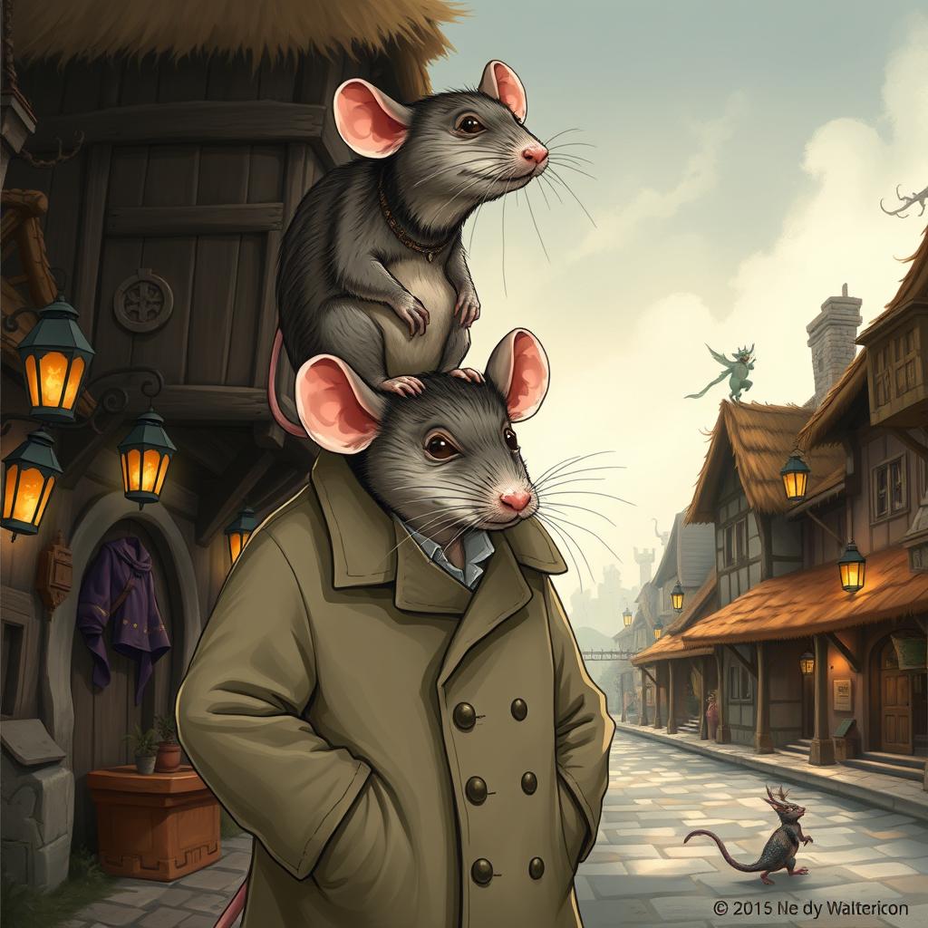 A whimsical and humorous illustration of two giant rats stacked on top of each other inside a trench coat, trying to appear as a human in a fantasy-themed setting