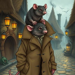 A whimsical and humorous illustration of two giant rats stacked on top of each other inside a trench coat, trying to appear as a human in a fantasy-themed setting