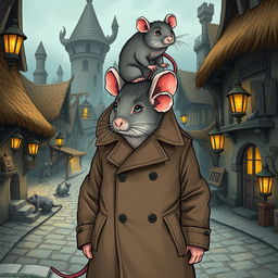 A whimsical and humorous illustration of two giant rats stacked on top of each other inside a trench coat, trying to appear as a human in a fantasy-themed setting