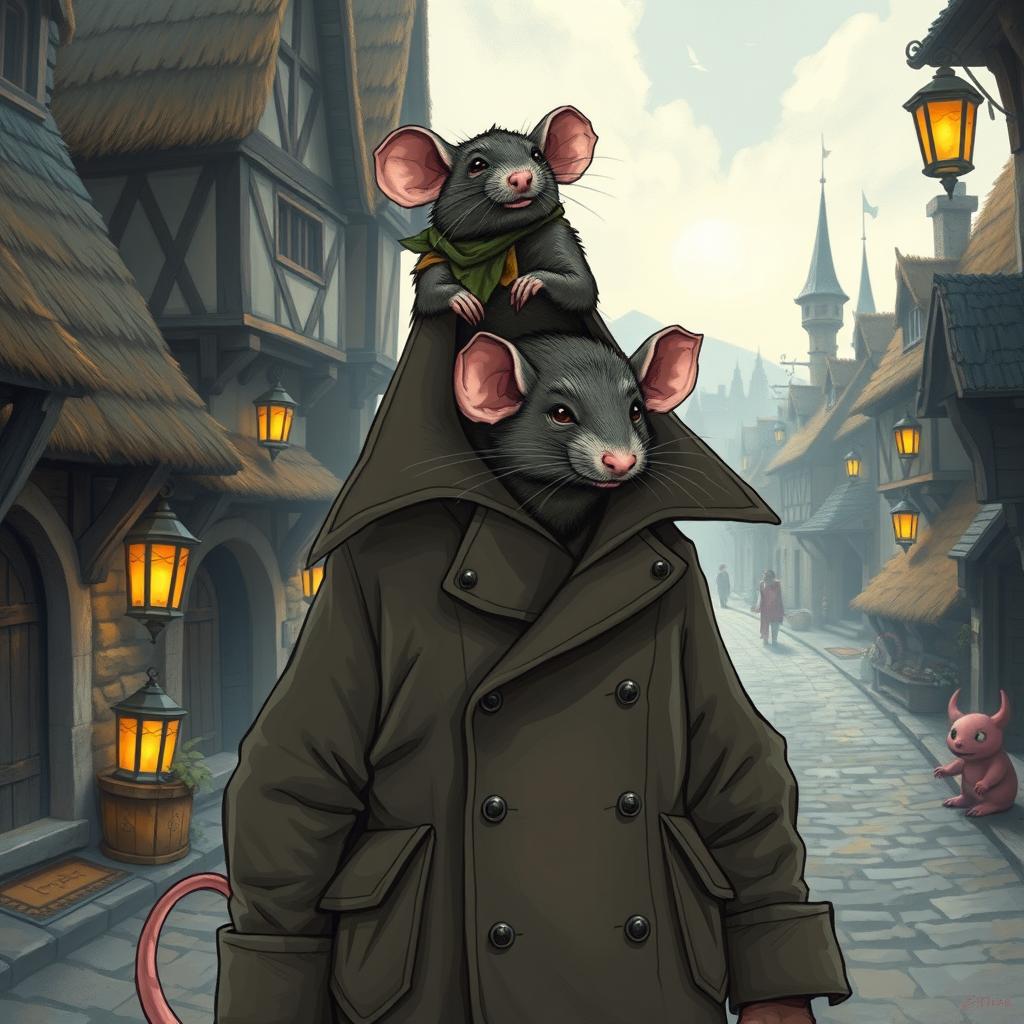 A whimsical and humorous illustration of two giant rats stacked on top of each other inside a trench coat, trying to appear as a human in a fantasy-themed setting