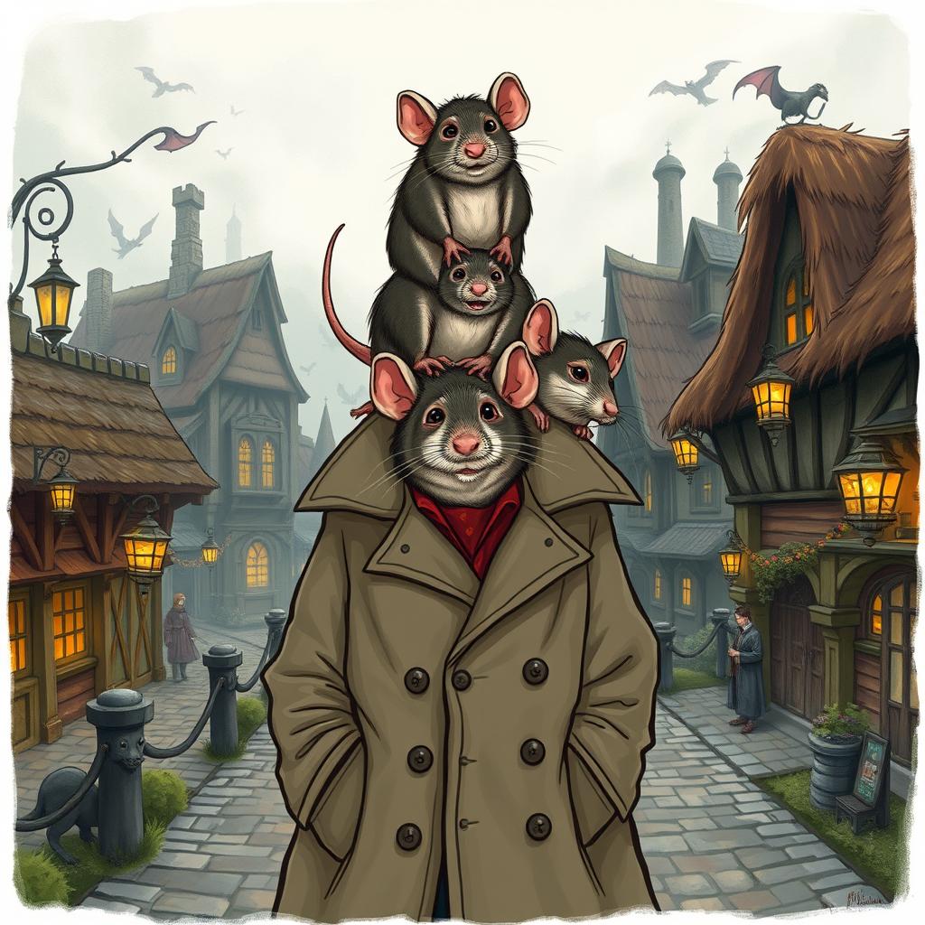 A whimsical and humorous illustration of giant rats stacked on top of each other inside a trench coat, trying to appear as a human in a fantasy-themed setting