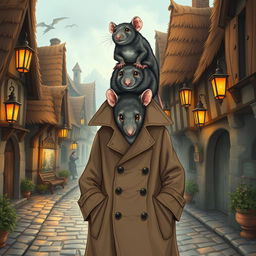 A whimsical and humorous illustration of giant rats stacked on top of each other inside a trench coat, trying to appear as a human in a fantasy-themed setting