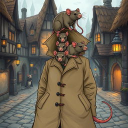 A whimsical and humorous illustration of giant rats stacked on top of each other inside a trench coat, trying to appear as a human in a fantasy-themed setting